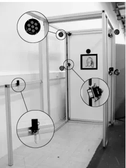 Figure 1: The geometry capture device. Enlarged areas from top to bottom:a NIR light source, a visible light source and the ultrasound proximity trigger.The camera can be seen on the back panel.