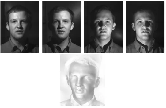 Figure 2: Example of four raw images and the resultant surface reconstruction.