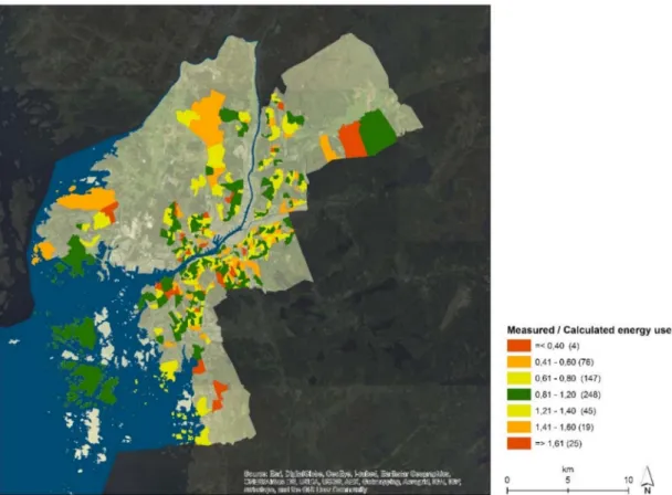 Figure 2. Visual validation of the BSM showing measured energy use in relation to calculated energy use for base areas