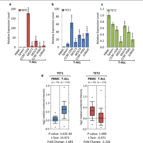 Fig. 3 TET1 is overexpressed, while TET2 is suppressed in human T‑ALL cell lines and clinical specimens