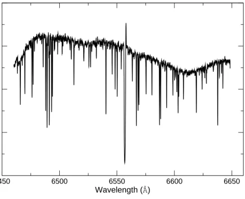 Figure 2.3: Example of a Hα spectrum taken on 2006 March 14 after all reductions, but before sky subtraction and continuum normalization.