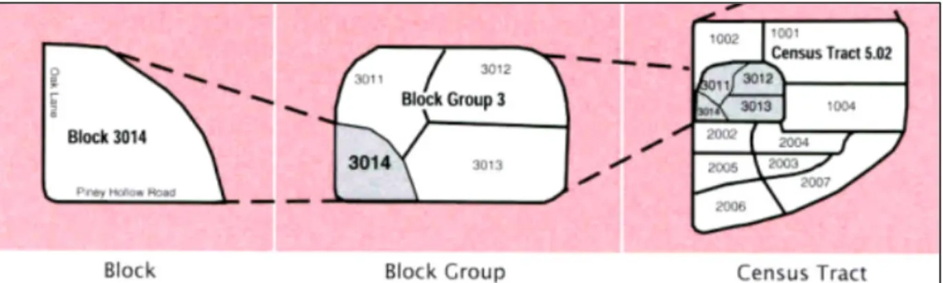 Figure 3.2. Schematic of nested census boundaries: census block, census block group, and  census tract