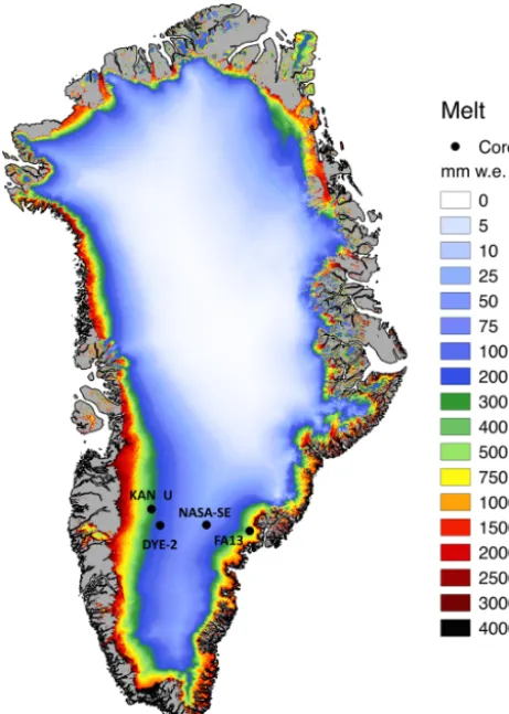 Figure 1. Study site locations and mean annual melt rates (1958–2017) from RACMO2.3p2.