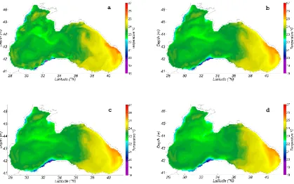 Fig. 9. Sea surface temperature for 7 July 2007 computed with the SZHENV hybrid vertical grid from identical climatic initial conditionsfor January and SKIRON meteorological forcing, and various Smagorinsky diffusivities in accordance with Table 1: (a) SHD1; (b) SHD2;(c) SHD3; (d) SHD4.