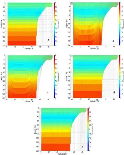 Fig. 5. Temperature distribution along 31◦ E after 3.5 months of simulation: (a) ZCO; (b) SCO; (c) Z*SIG; (d) SZH; (e) SZHENV.