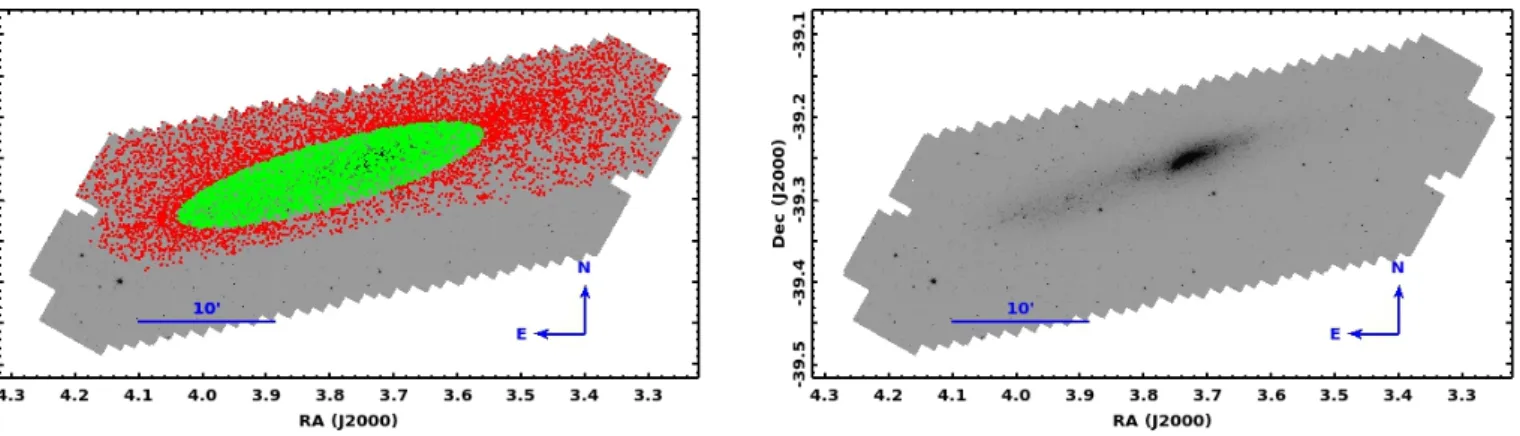 Fig. 5: Spitzer IRAC 3.6 µm image of NGC 55 both with and without . Axes are labeled in units of degrees