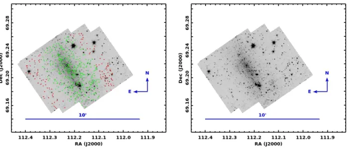 Fig. 7: Spitzer IRAC 3.6 µm image of NGC 2366. Axes are labeled in units of degrees. Red points show locations of sources, while green dots show sources within our estimate of the galaxy’s isophotal borders based initially on isophotes described in de Vauc