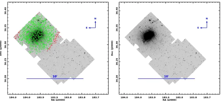 Fig. 8: Spitzer IRAC 3.6 µm image of NGC 4214. Axes are labeled in units of degrees. Red points show locations of sources, while green dots show sources within our estimate of the galaxy’s isophotal borders based initially upon the Kron radius described in