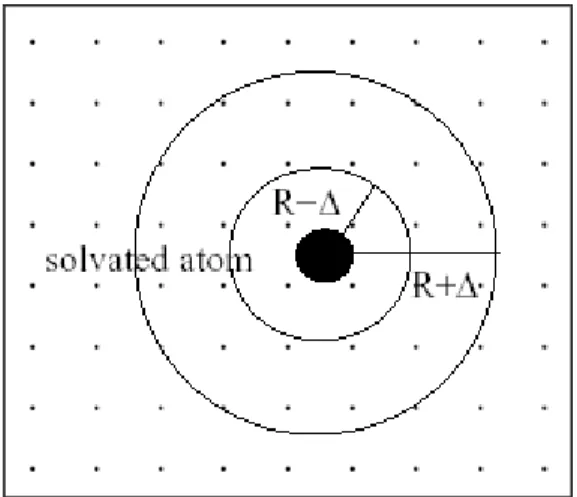 Figure 2: Schematic depiction of a solvated atom and the solvent grid.