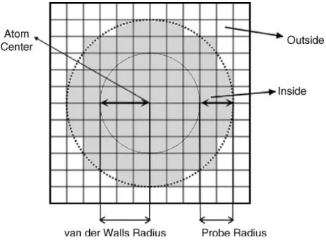 Figure 4: Location of van der Waals and solvent-accessible surface by marking the grid cells 15 whose centers fall inside the volume defined by the solvent-accessible surface as inside (shaded  grid cells).
