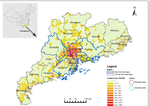 Fig. 2 Geographical distribution of dengue fever in Guangdong Province, China in 2014