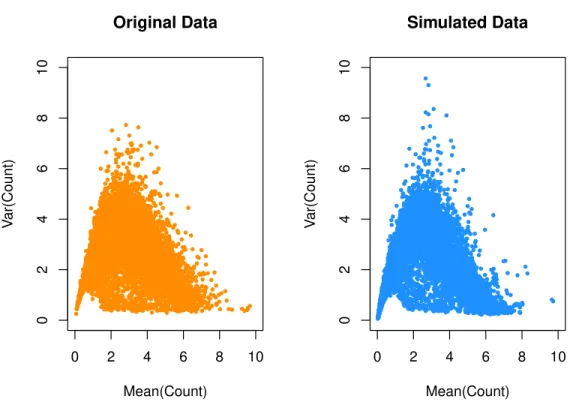 Figure 2.3. Count data from a real scRNA-seq experiment (left) provide the parameters that are used to generate simulated gene counts (right).