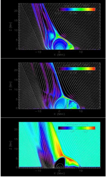 Fig. 4.— Vertical cuts at different stages of the evolution. Top: j/B distribution and field line projection at an early stage