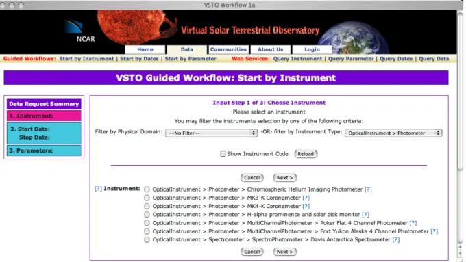 Figure 2:  VSTO data search and query interface, exposing taxonomy-based instrument selection