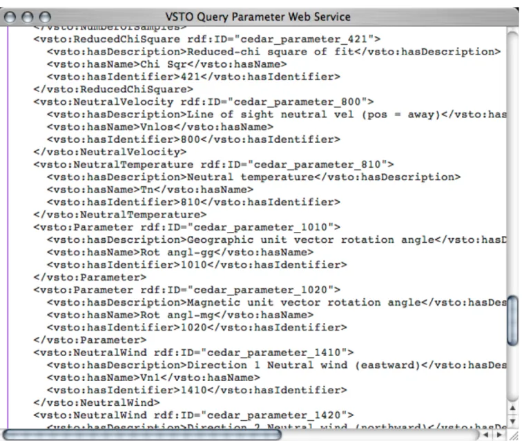 Figure 6: VSTO parameter query search output excerpt returning an OWL document with parameters defined in the VSTO  ontology