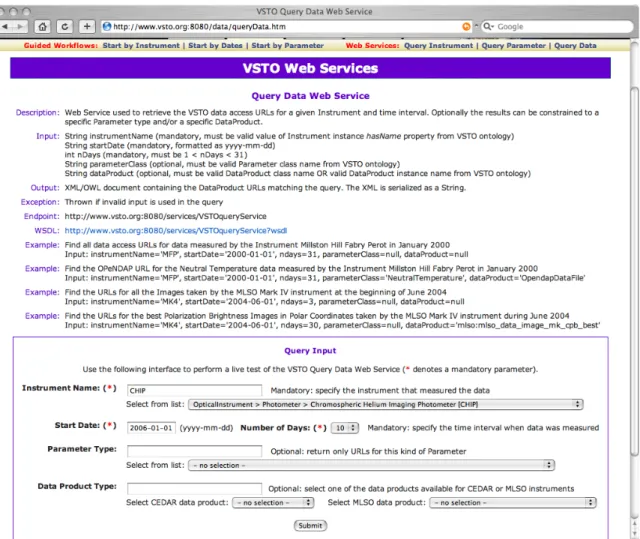 Figure 7: VSTO web services end-point and input example for the data interface initiating a search for links to data matching  the query input.