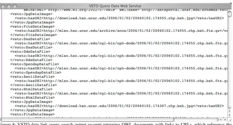 Figure 8: VSTO data  link query search output excerpt returning OWL documents  with links to URLs, which reference the  data.