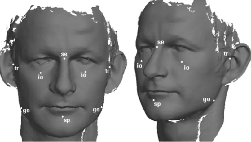Figure 1: The positions of the facial landmarks of the CAESAR-survey. These landmarks are manually located (This scan is provided by the Netherlands Forensic Institute and not a part of the CAESAR-survey.).
