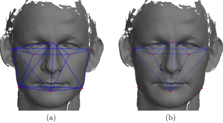 Figure 10: The landmark sets resulting from the Fisher discriminant analysis when started with the complete candidate set (a) and with the candidate set without the distances from and to the gonion (b) (This scan is provided by the Netherlands Forensic Ins