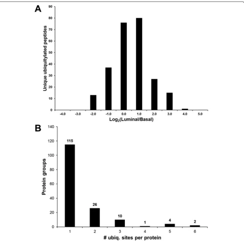 Fig. 2 Distribution of the quantified ubiquitylated peptides of human origin. a A total of 249 ubiquitylated peptides of human origin were quantifiedwith a mean relative abundance of -0.004