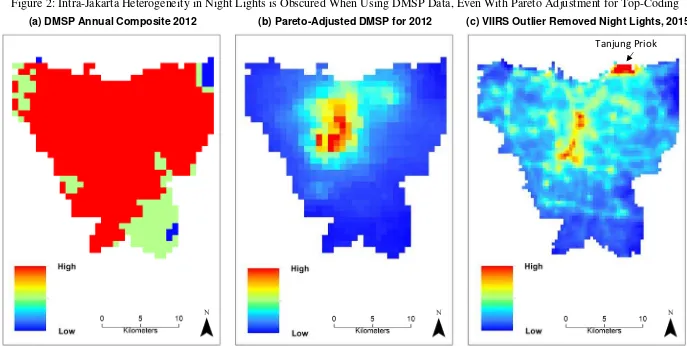 Figure 2: Intra-Jakarta Heterogeneity in Night Lights is Obscured When Using DMSP Data, Even With Pareto Adjustment for Top-Coding