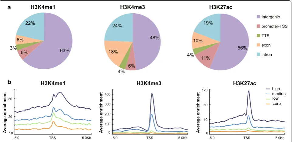 Fig. 1 Genome-wide distribution of H3K4me1, H3K4me3, and H3K27ac modifications. a Pie charts showing the distributions of H3K4me1, H3K4me3, and H3K27ac across the genome without 20E treatment