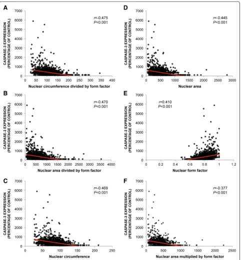 Figure 7 Correlation of nuclear morphology and caspase-3 expression.product of nuclear area and form factor The caspase-3 expression of each individual cell was measured andcompared with the measurements of nuclear morphology to explore whether nuclear sha