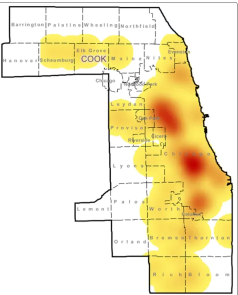 Fig. 1 Depicts an incidence map of the infant deaths within Cook County in 2015 and 2016, with white indicating no death and red thehighest incidence