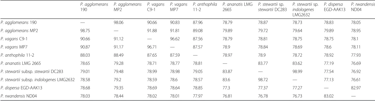 Table 6 Average nucleotide identity (ANI) values for the sequenced isolates and additional strains representative of the lineages of Pantoea