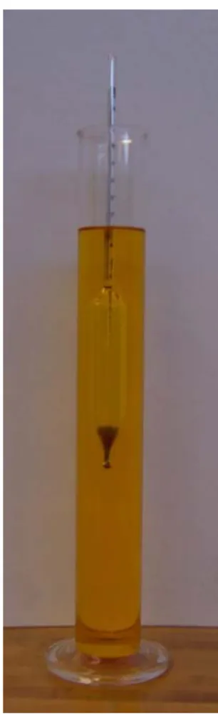 Figure 6: Hydrometer, cylinder, and B100 sample. 