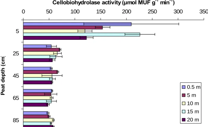 Fig. 19  Effect of peat depth and distance from a blocked grip on cellobiohydrolase activity 