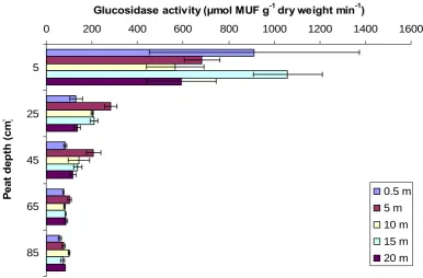Fig. 22 Effect of peat depth and distance from a blocked grip on β-glucosidase activity  