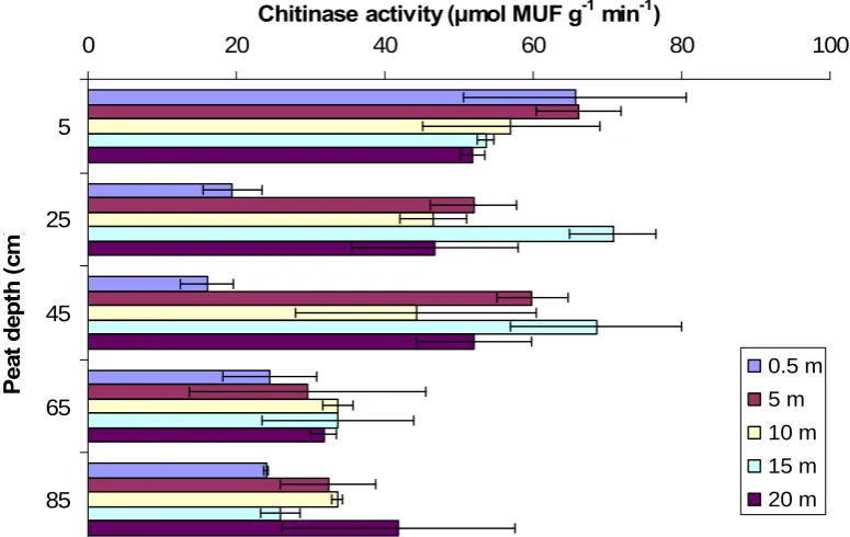 Fig. 24 Effect of peat depth and distance from a blocked grip on chitinase activity 