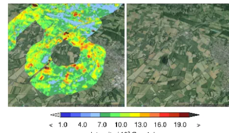 Figure 3. Demonstration of the good performance of the geoloca-tion determined from the instrument ﬁeld of view and correction bythe aircraft angles during a curve
