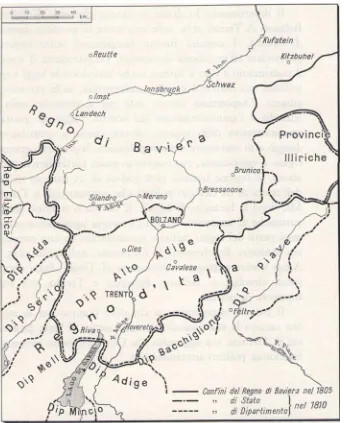 Fig. 2 - Dipartimenti Napoleonici e confini del Regno di Baviera. 