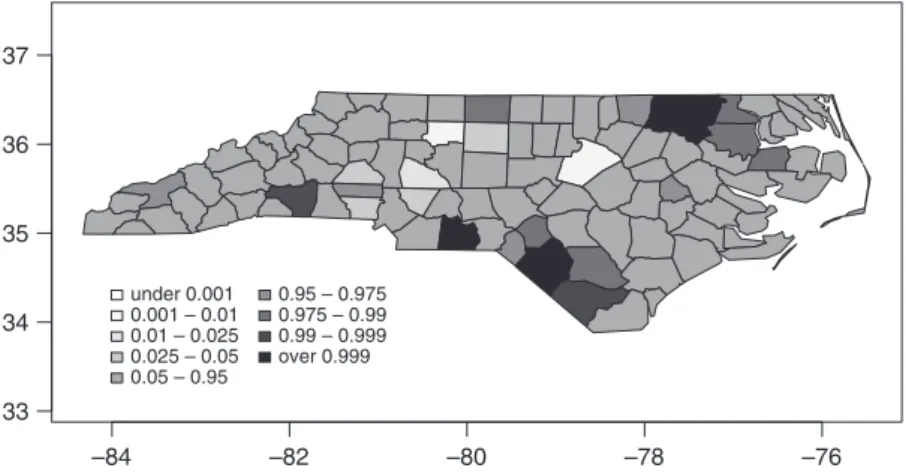 Figure 2. Probability map of North Carolina counties, SIDS cases 1974–78, reproducing Kaluzny et al