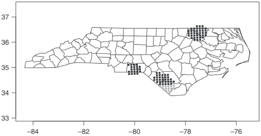 Figure 5. Geographical Analysis Machine results for circle radius 30 km, and grid step 10 km, run on UTM county seat coordinates, reprojected onto geographical coordinates for display, gray symbols, 0.002  a  0.001; black symbols, ao0.001.