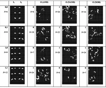 FIG. 8. Typical examples of solutionsofsimulation, required active cells: 20,Nstatesshown on the left and consist of twobinary digits, spatially encoded usingleft and right “initiation trees” AND, NAND, and XOR logic gates in: actual number of active cells