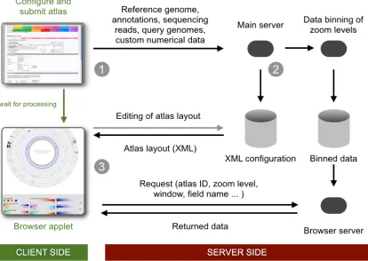 Figure 4 | The dataflow of the GeneWiz browser service. 1) The selected reference genome and the lanes to be included are defined via the web interface