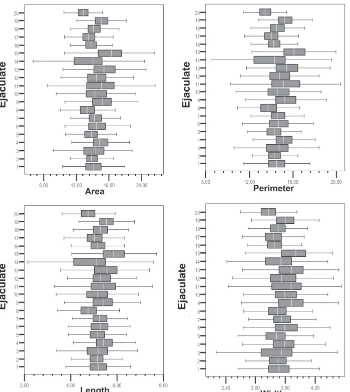 Fig. 1. Box-and-whisker plots of variations in sperm head morphometric parameters according to the ejaculate analyzed (donor 1: 1 to 5; donor 2: 6 to 10; donor 3: 11 to 15; donor 4: 16 –20)
