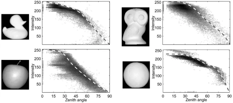 Fig. 14. Histograms and radiance functions for a slightly rough plastic duck, a plaster owl, an apple, and an orange.