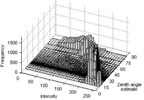 Fig. 8. Histogram showing the frequency of occurrence of intensity-zenith angle pairs for the polarization image of the bear model in Fig