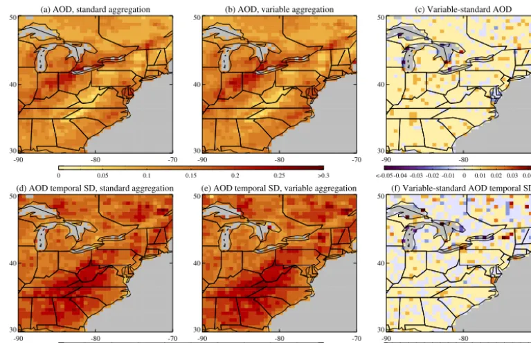 Figure 12. Effect of aggregation technique on spatial distribution of AOD over eastern North America in 2006 vs