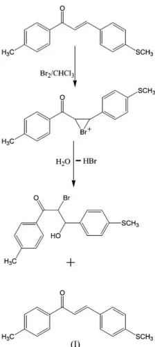 Figure 1A view showing the two components of (I), linked by a strong hydrogenbond (dashed line) between the alcohol H atom of 2-bromo-3-hydroxy-1-(4-methylphenyl)-3-[4-(methylthio)phenyl]propan-1-one and the ketonegroup of chalcone