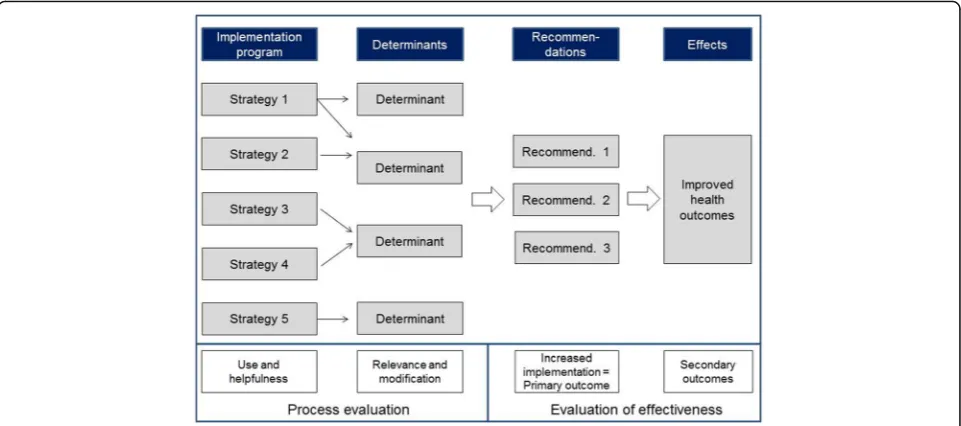 Fig. 1 Logic model of the TICD trials. The figure describes the logic of the tailored programs developed within TICD: Implementation ofevidence-based recommendations will improve if the applied strategies successfully modify previously identified determina