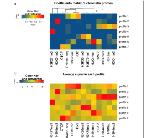 Fig. 2 Chromatin patterns definition and interpretation. Upper panel a: color-scale heatmap showing the hierarchical clustering of 13 different epigenetic marks on the coefficient matrix H obtained with seven factorization ranks