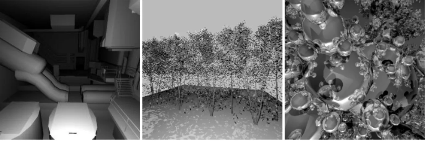 Figure 2: Test scene images — We test our algorithm on three scenes: room, grove, and sphereflake
