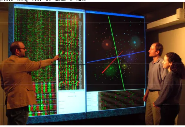 Figure 2: Our system in use on a large-scale display wall.  The high resolution enables display of more  information simultaneously and the large scale creates an environment conducive for collaboration between  multiple researchers