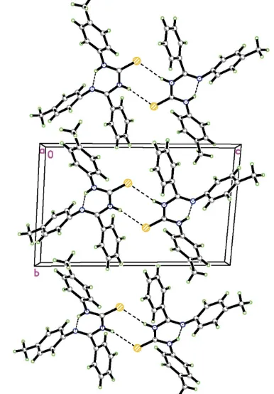 Figure 2Partial packing plot showing three hydrogen-bonded (dashed lines)dimers.