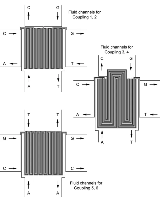 Figure 7.8: Scheme for synthesizing all DNA 6-mers with passive microfluidic devices. Essentially the passive device consists of 64 parallel channels